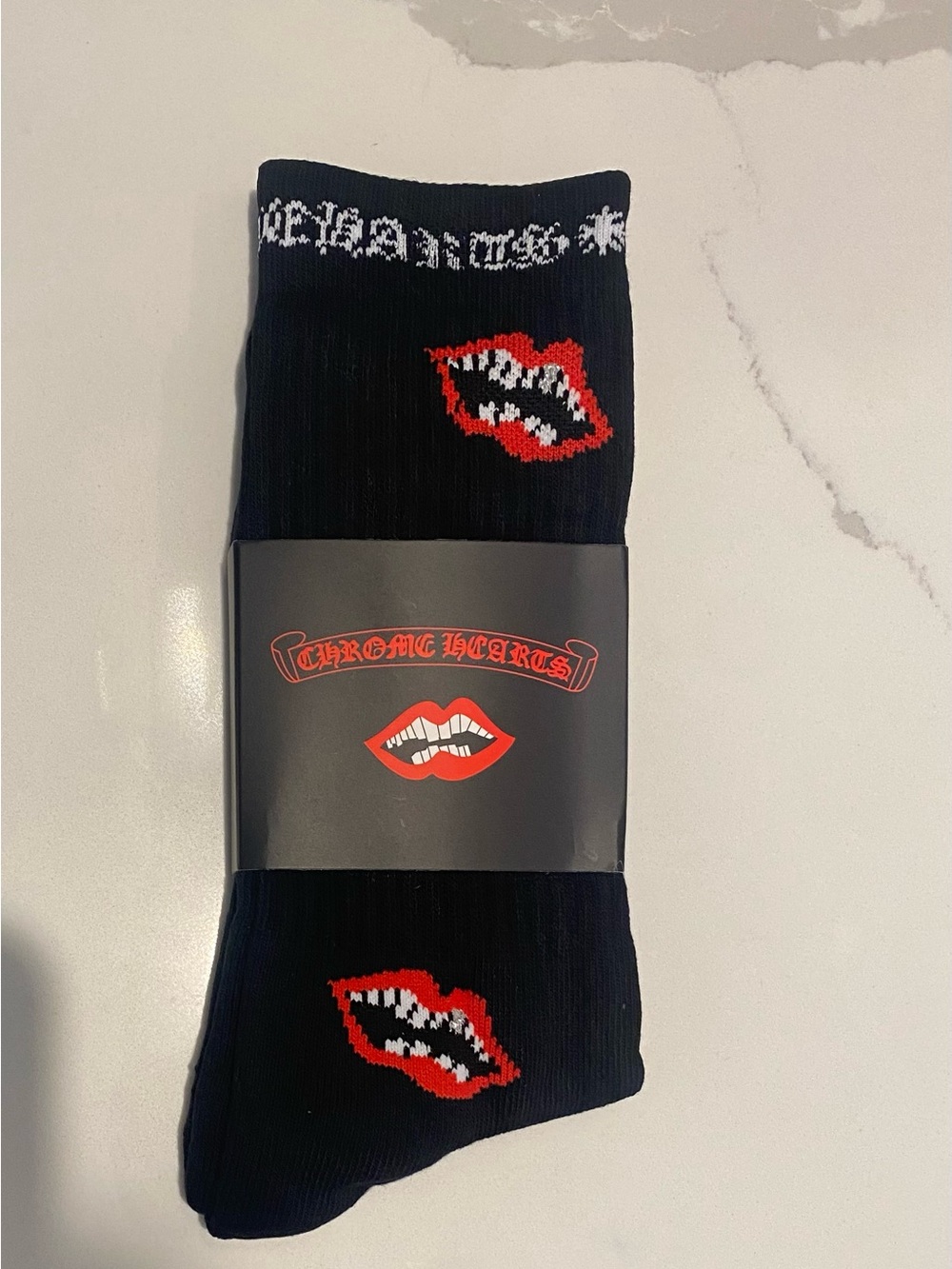 NEW Chrome Hearts Black Lips Logo Graphic Crew Socks Men's Size Large 1 Pair